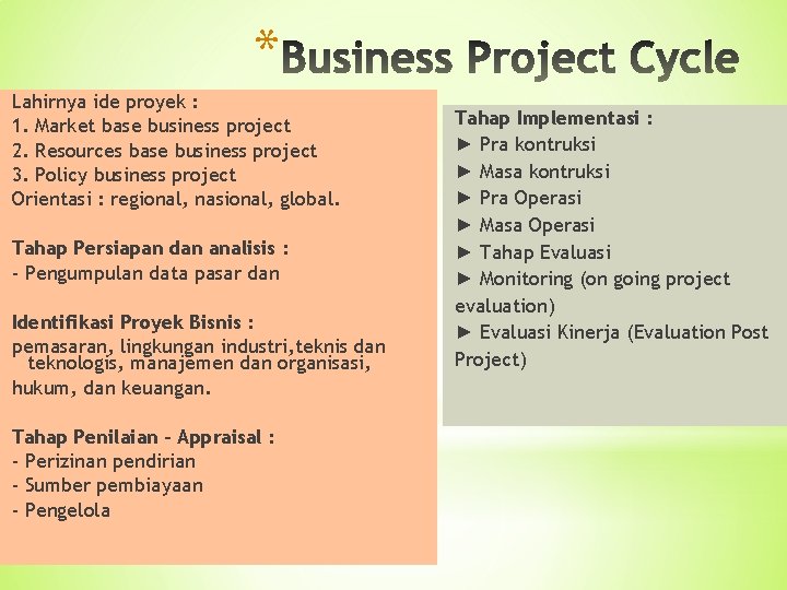 * Lahirnya ide proyek : 1. Market base business project 2. Resources base business