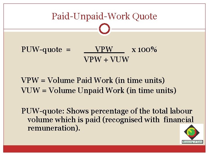 Paid-Unpaid-Work Quote PUW-quote = VPW x 100% VPW + VUW VPW = Volume Paid