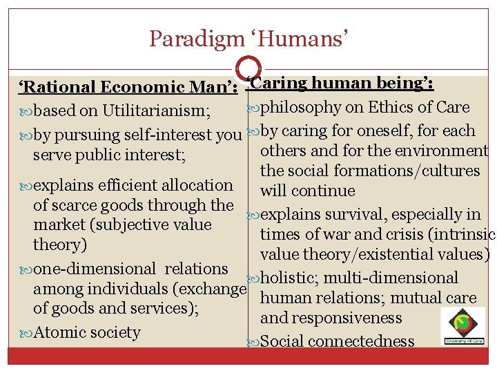 Paradigm ‘Humans’ ‘Rational Economic Man’: ‘Caring human being’: philosophy on Ethics of Care based