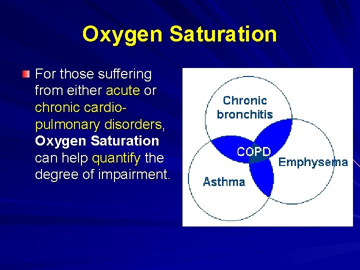 Oxygen Saturation For those suffering from either acute or chronic cardiopulmonary disorders, Oxygen Saturation