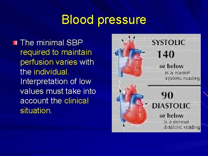 Blood pressure The minimal SBP required to maintain perfusion varies with the individual. Interpretation