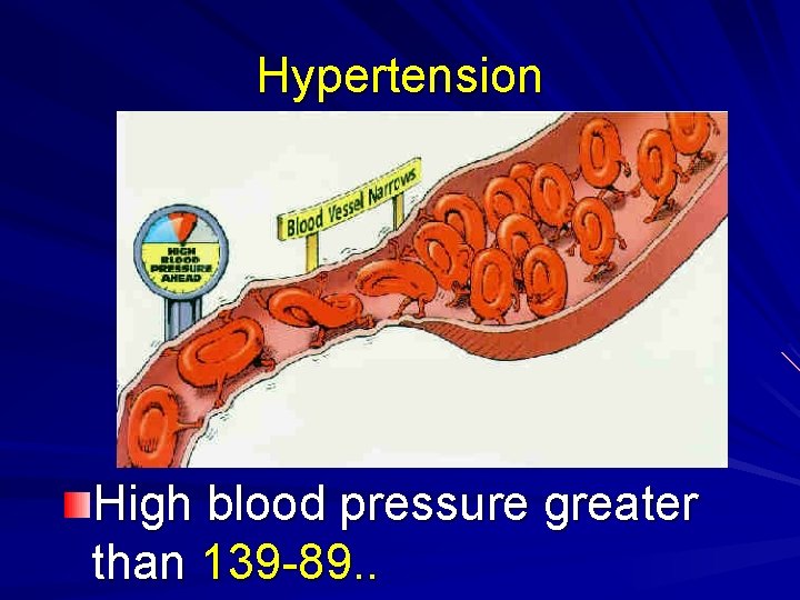 Hypertension High blood pressure greater than 139 -89. . 