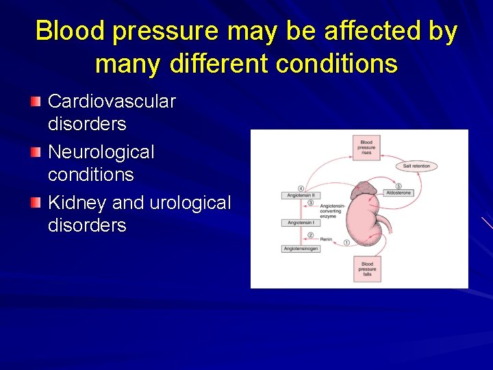 Blood pressure may be affected by many different conditions Cardiovascular disorders Neurological conditions Kidney