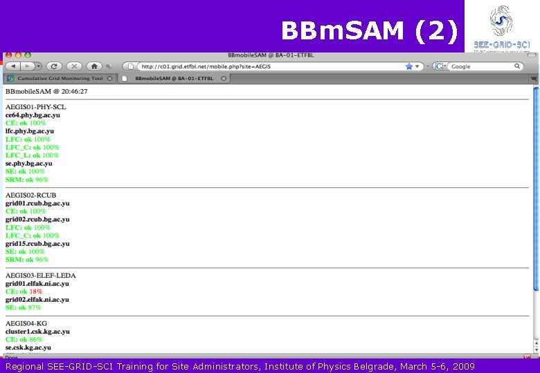 BBm. SAM (2) Regional SEE-GRID-SCI Training for Site Administrators, Institute of Physics Belgrade, March