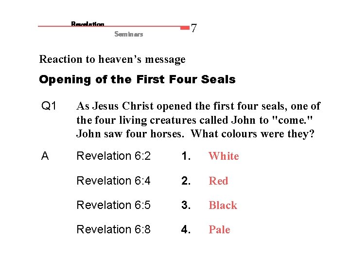 7 Revelation Seminars Reaction to heaven’s message Opening of the First Four Seals Q