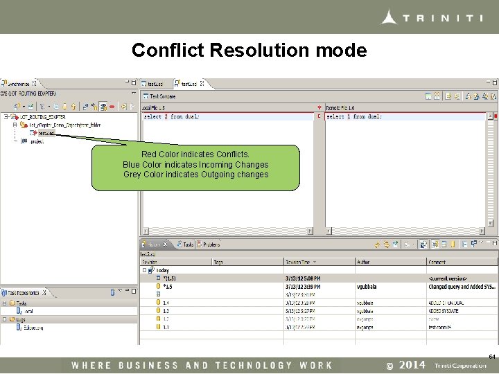 Conflict Resolution mode Red Color indicates Conflicts. Blue Color indicates Incoming Changes Grey Color