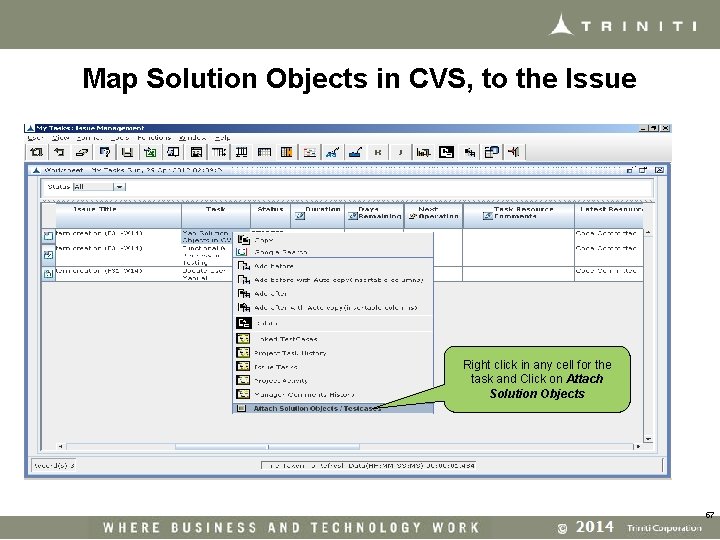 Map Solution Objects in CVS, to the Issue Right click in any cell for