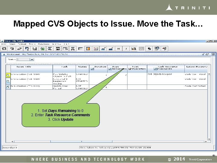 Mapped CVS Objects to Issue. Move the Task… 1. Set Days Remaining to 0