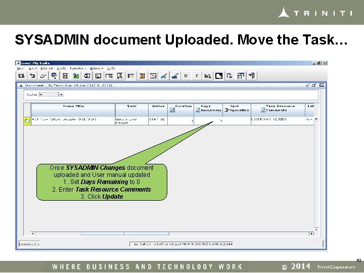 SYSADMIN document Uploaded. Move the Task… Once SYSADMIN Changes document uploaded and User manual