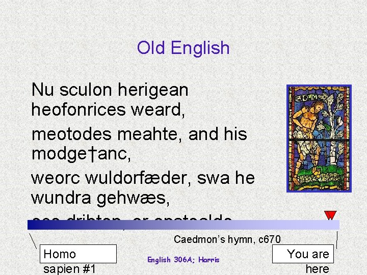 Old English Nu sculon herigean heofonrices weard, meotodes meahte, and his modge†anc, weorc wuldorfæder,