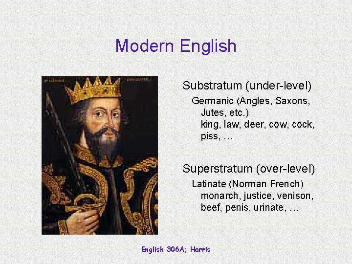 Modern English Substratum (under-level) Germanic (Angles, Saxons, Jutes, etc. ) king, law, deer, cow,
