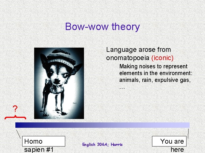 Bow-wow theory Language arose from onomatopoeia (iconic) Making noises to represent elements in the