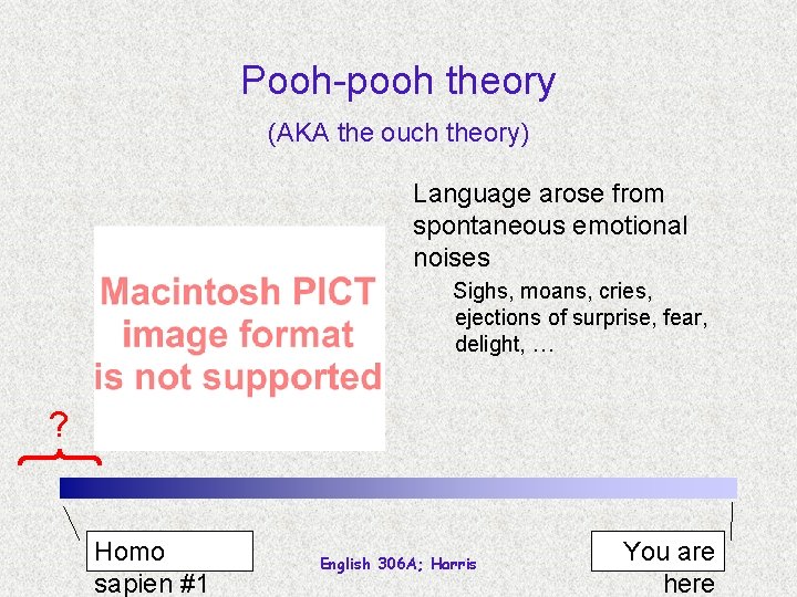 Pooh-pooh theory (AKA the ouch theory) Language arose from spontaneous emotional noises Sighs, moans,