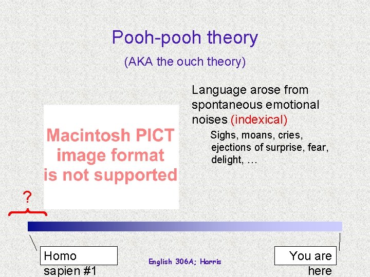 Pooh-pooh theory (AKA the ouch theory) Language arose from spontaneous emotional noises (indexical) Sighs,