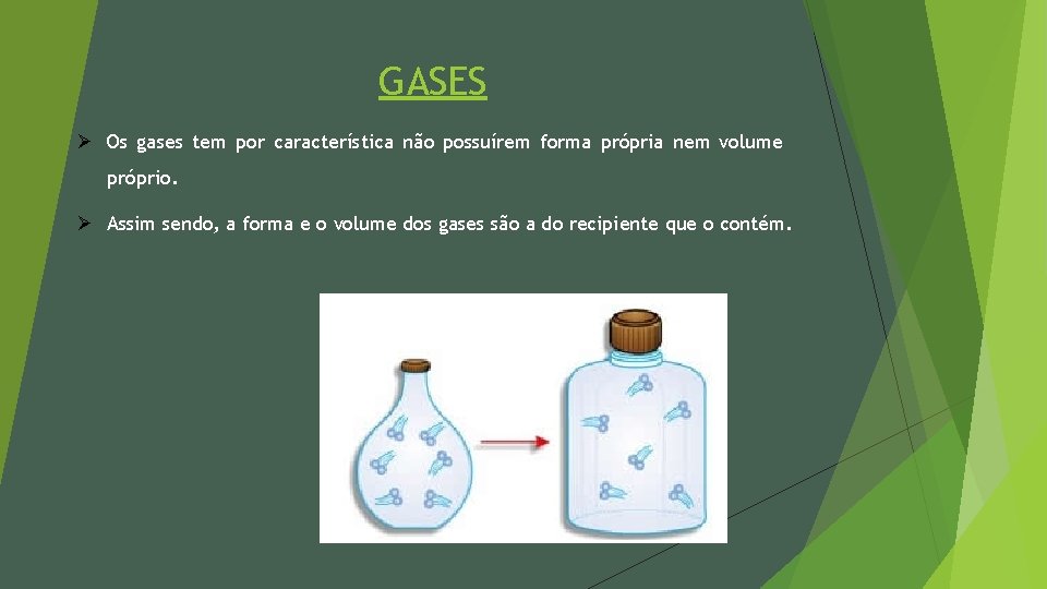 GASES Ø Os gases tem por característica não possuírem forma própria nem volume próprio.