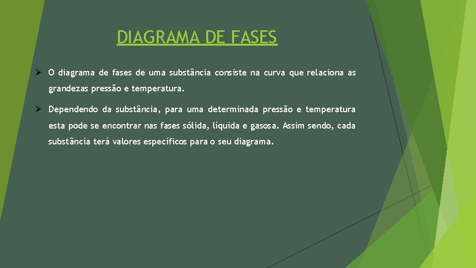 DIAGRAMA DE FASES Ø O diagrama de fases de uma substância consiste na curva