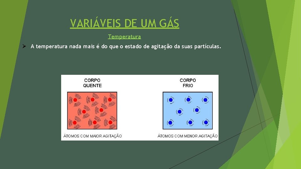 VARIÁVEIS DE UM GÁS Temperatura Ø A temperatura nada mais é do que o