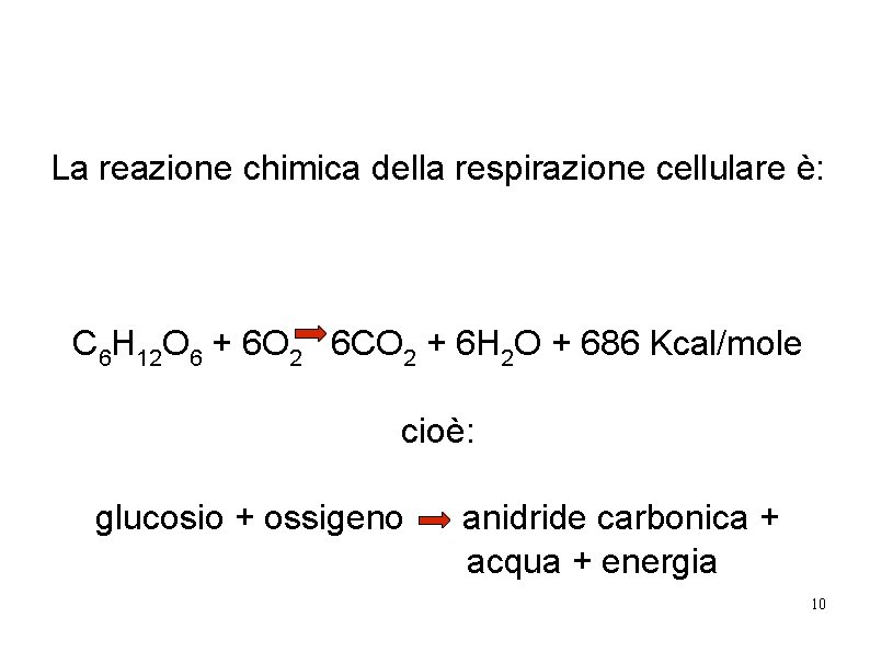 La reazione chimica della respirazione cellulare è: C 6 H 12 O 6 +
