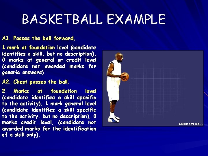 BASKETBALL EXAMPLE A 1. Passes the ball forward, 1 mark at foundation level (candidate