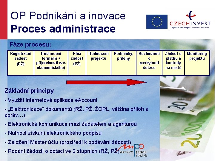 OP Podnikání a inovace Proces administrace Fáze procesu: Registrační žádost (RŽ) Hodnocení formální +