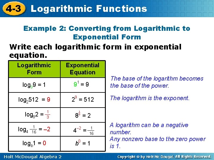 4 -3 Logarithmic Functions Example 2: Converting from Logarithmic to Exponential Form Write each