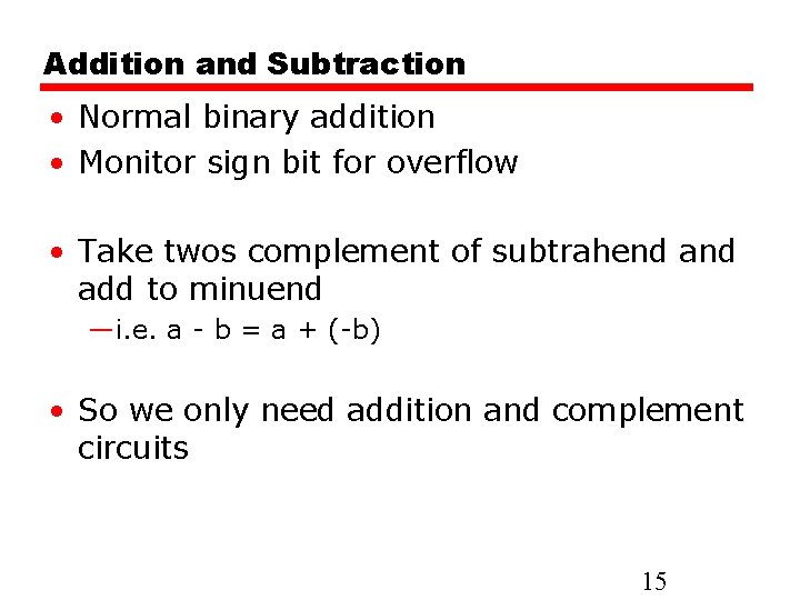 Addition and Subtraction • Normal binary addition • Monitor sign bit for overflow •