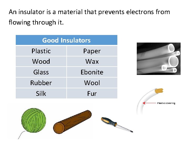 An insulator is a material that prevents electrons from flowing through it. Good Insulators