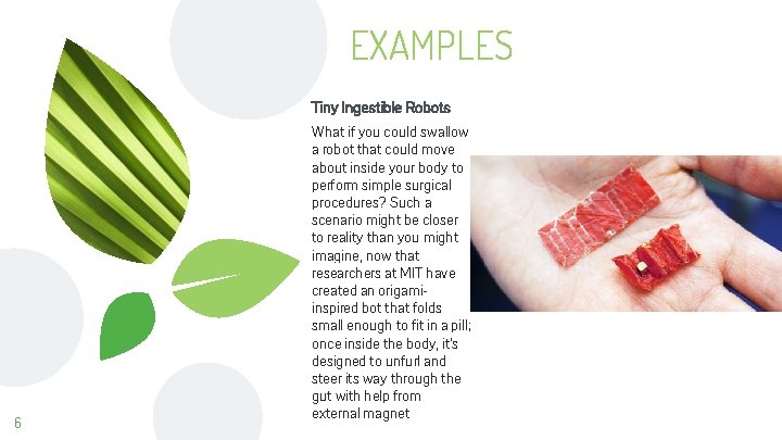 EXAMPLES Tiny Ingestible Robots 6 What if you could swallow a robot that could