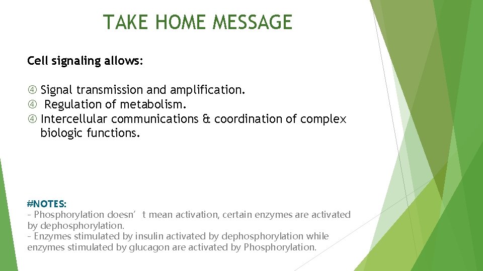 TAKE HOME MESSAGE Cell signaling allows: Signal transmission and amplification. Regulation of metabolism. Intercellular