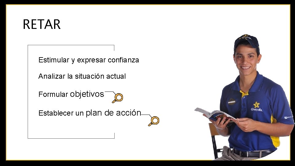 RETAR Estimular y expresar confianza Analizar la situación actual Formular objetivos Establecer un plan