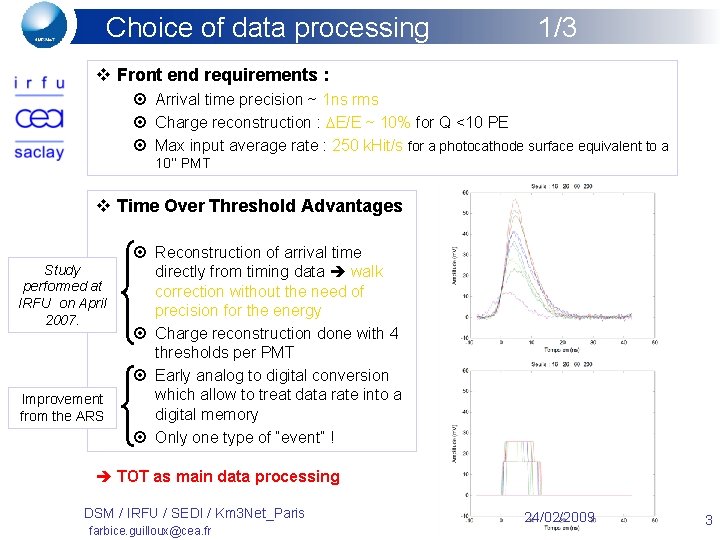 Choice of data processing 1/3 v Front end requirements : ¤ Arrival time precision