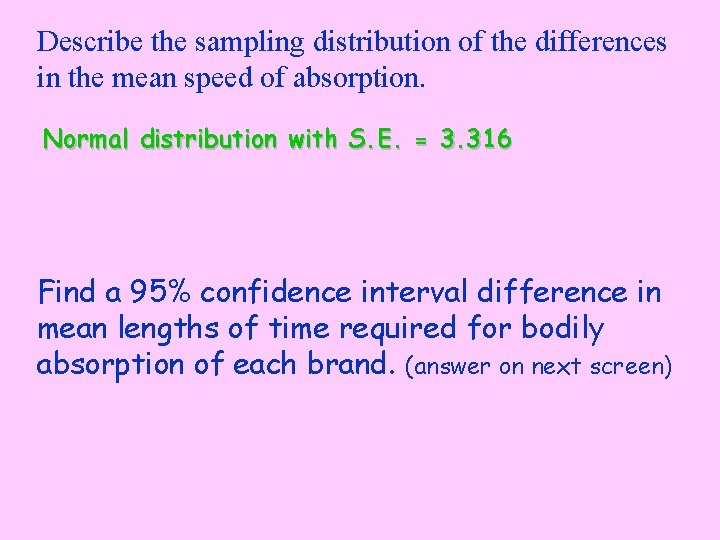 Describe the sampling distribution of the differences in the mean speed of absorption. Normal