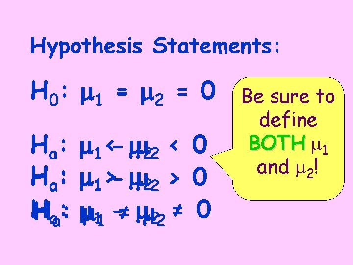 Hypothesis Statements: H 0 : m 1 = - m 2 = 0 Ha