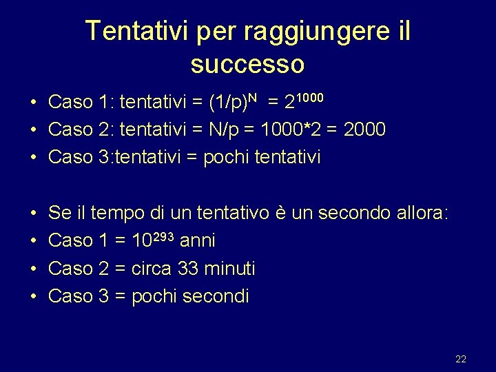 Tentativi per raggiungere il successo • Caso 1: tentativi = (1/p)N = 21000 •