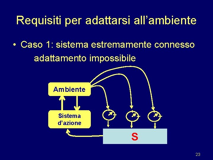 Requisiti per adattarsi all’ambiente • Caso 1: sistema estremamente connesso adattamento impossibile Ambiente Sistema