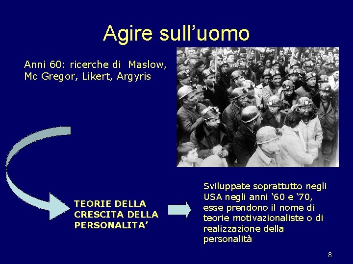 Agire sull’uomo Anni 60: ricerche di Maslow, Mc Gregor, Likert, Argyris TEORIE DELLA CRESCITA