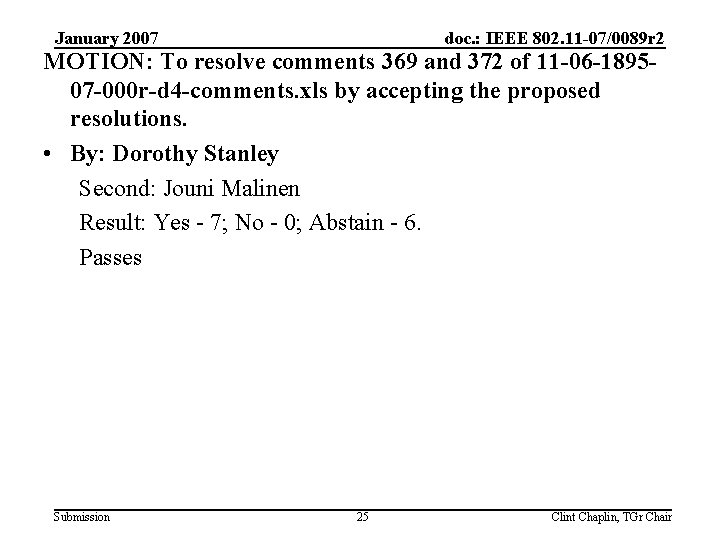 January 2007 doc. : IEEE 802. 11 -07/0089 r 2 MOTION: To resolve comments