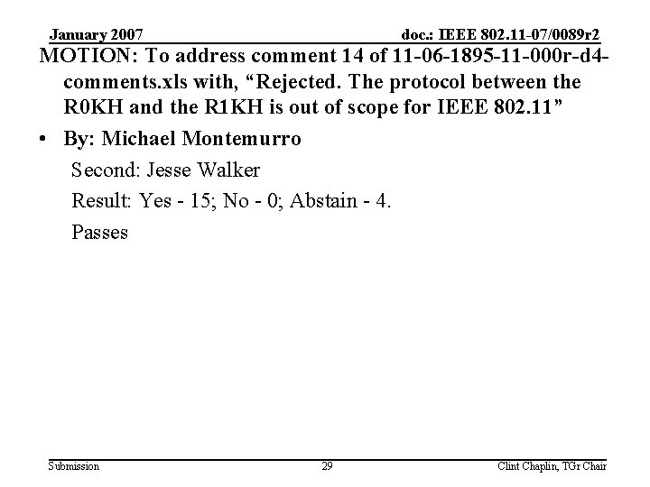 January 2007 doc. : IEEE 802. 11 -07/0089 r 2 MOTION: To address comment