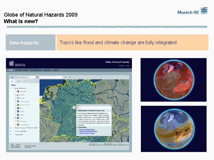 Globe of Natural Hazards 2009 What is new? New hazards Topics like flood and