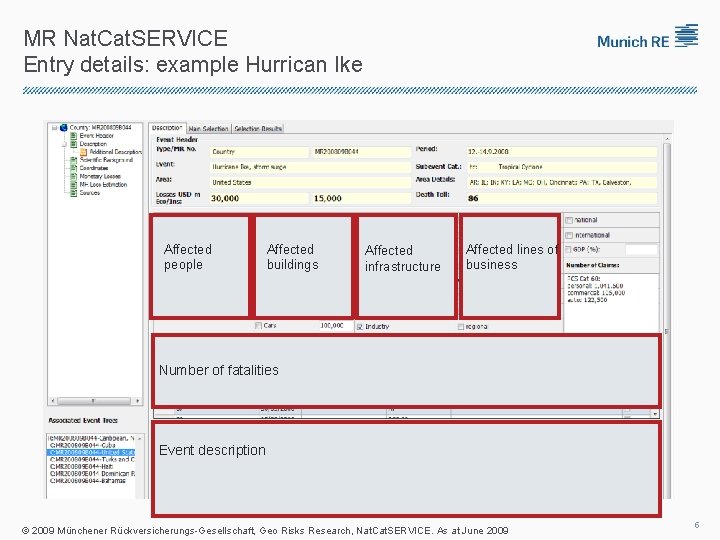 MR Nat. Cat. SERVICE Entry details: example Hurrican Ike Affected people Affected buildings Affected