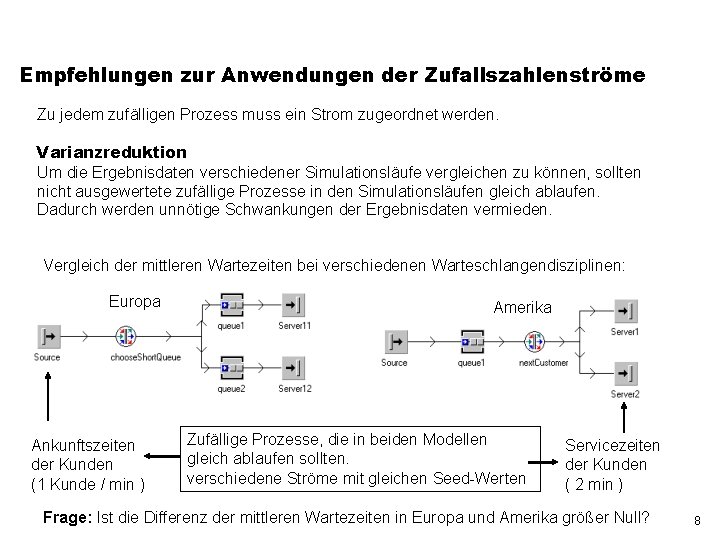 Empfehlungen zur Anwendungen der Zufallszahlenströme Zu jedem zufälligen Prozess muss ein Strom zugeordnet werden.