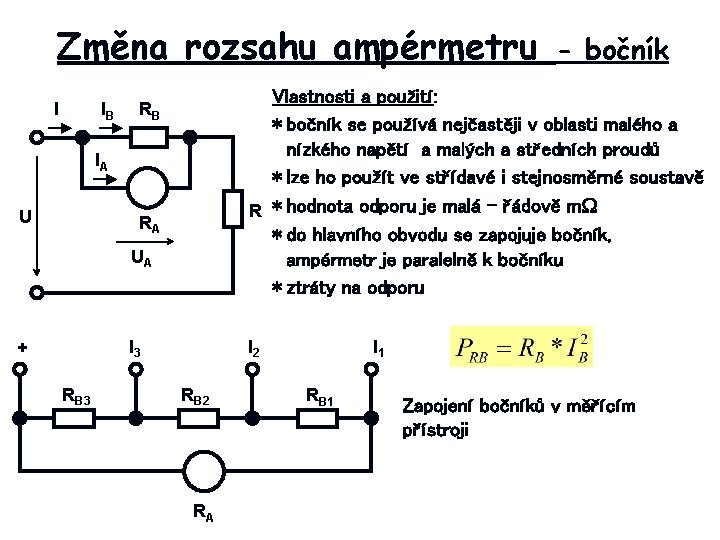 Změna rozsahu ampérmetru I IB Vlastnosti a použití: * bočník se používá nejčastěji v