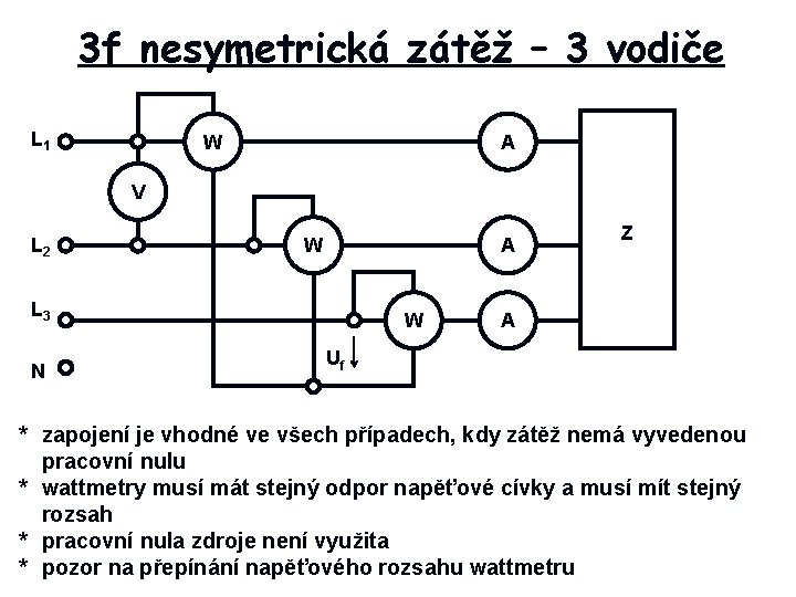 3 f nesymetrická zátěž – 3 vodiče L 1 W A V L 2