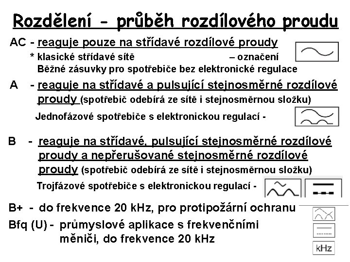 Rozdělení - průběh rozdílového proudu AC - reaguje pouze na střídavé rozdílové proudy *