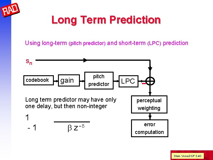 Long Term Prediction Using long-term (pitch predictor) and short-term (LPC) prediction sn gain pitch