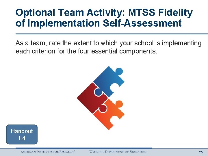Optional Team Activity: MTSS Fidelity of Implementation Self-Assessment As a team, rate the extent