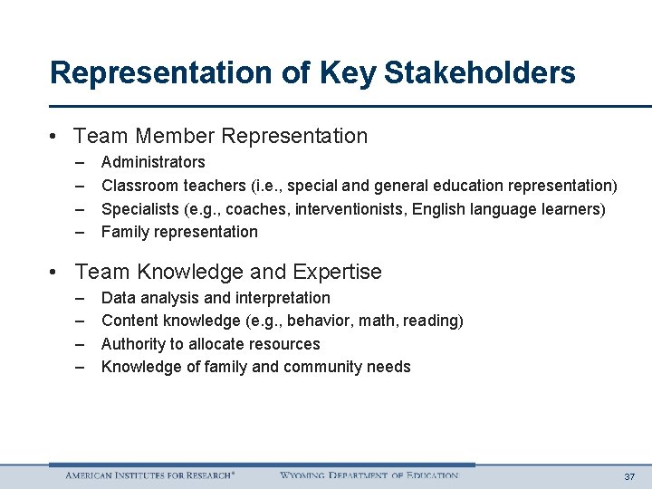 Representation of Key Stakeholders • Team Member Representation – – Administrators Classroom teachers (i.