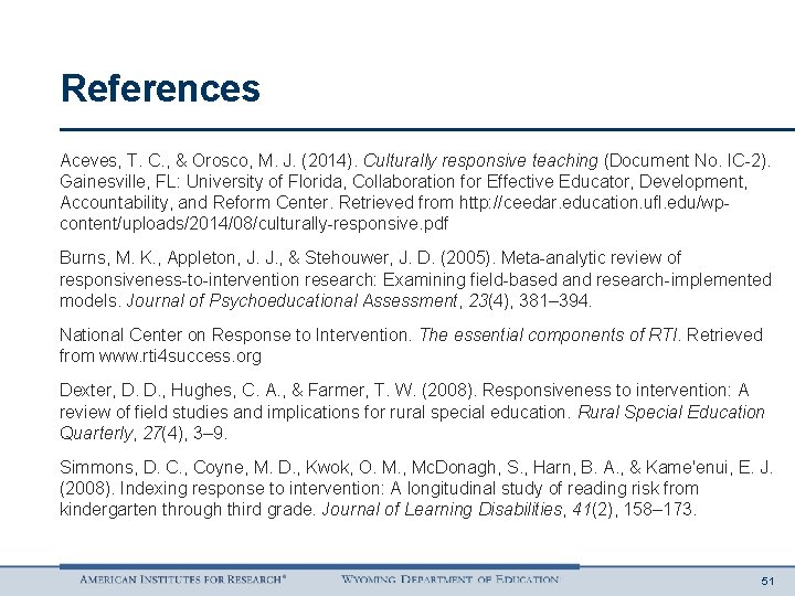 References Aceves, T. C. , & Orosco, M. J. (2014). Culturally responsive teaching (Document