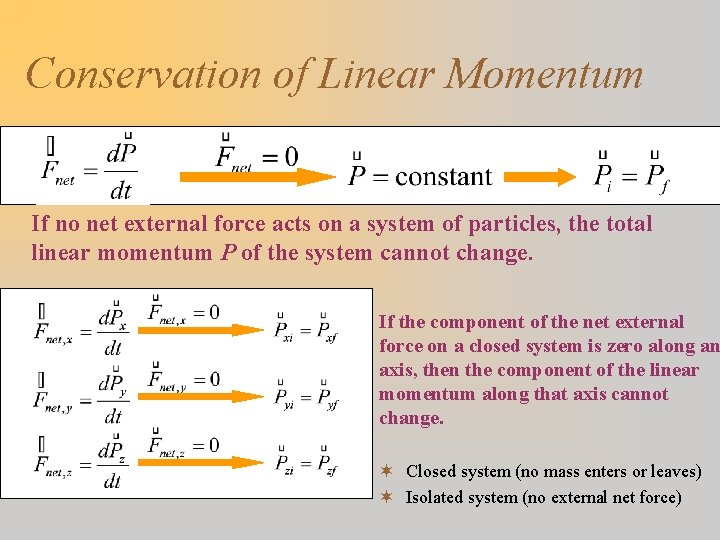 Conservation of Linear Momentum If no net external force acts on a system of