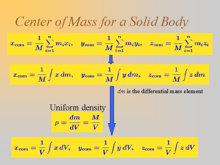 Center of Mass for a Solid Body dm is the differential mass element Uniform